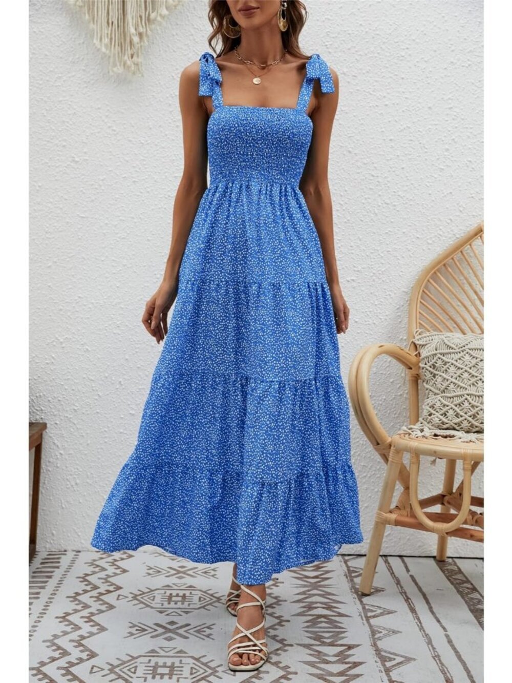 Women's Dots Blue 1 Sleeveless Square Neck Ruffle Flowy Imported Maxi Dress - Picture 5 of 6